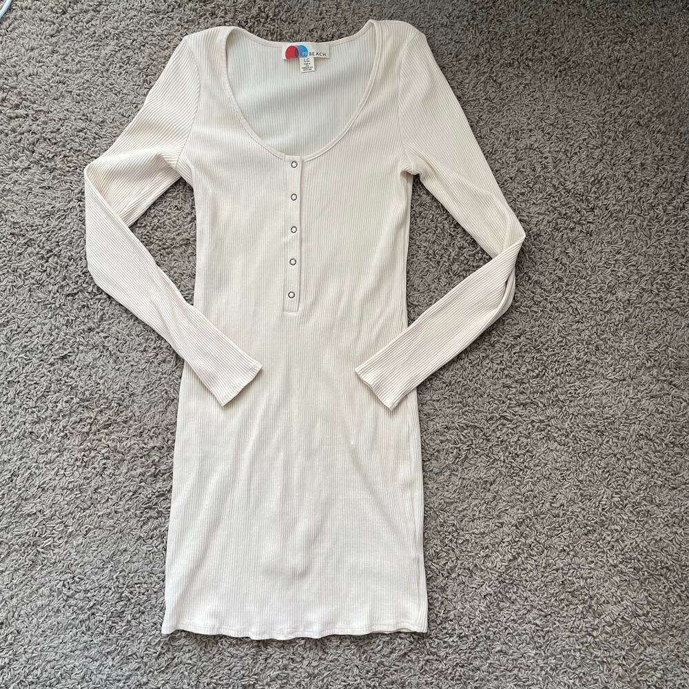 Free People Beach Bodycon Henley Mini Dress long sleeve snap cotton cream size L